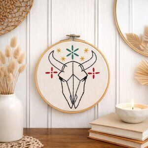 Prairie + Mason Embroidered Longhorn Skull Wall Art NWT Southwestern Hoop